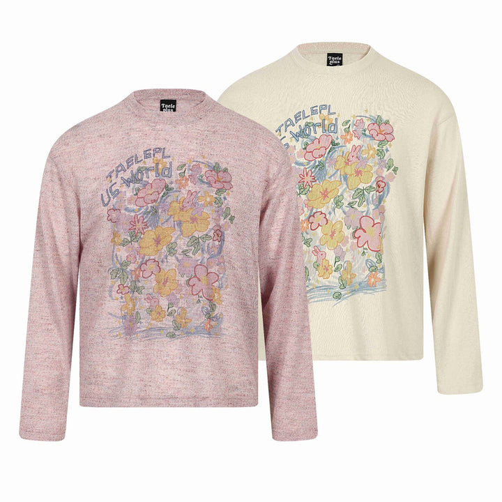 Unisex Relaxed‑Fit Langarmshirt mit floraler Illustrationsgrafik und geripptem Rundhals Drune