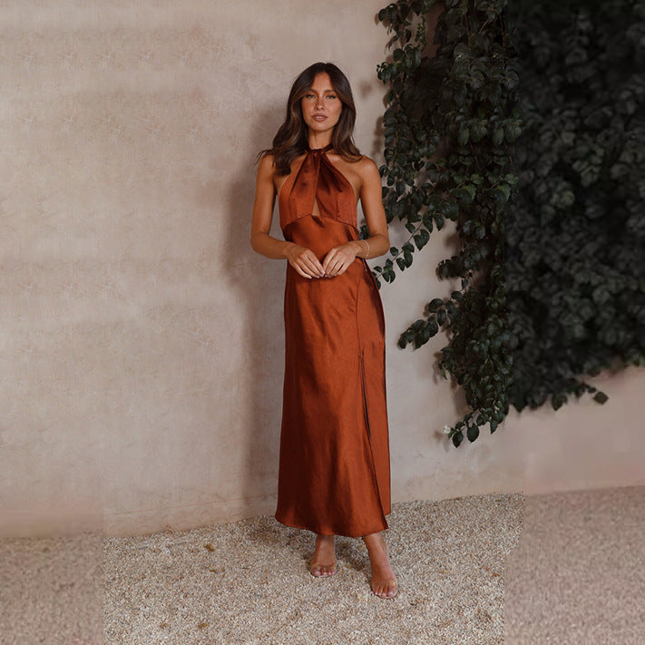 Damen Maxikleid mit elegantem Halterneck-Design und fließendem Satin-Finish Drune