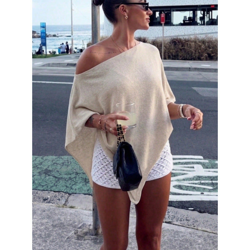 Damen Asymmetrisches Off-Shoulder Poncho-Top aus leichtem Strick Drune