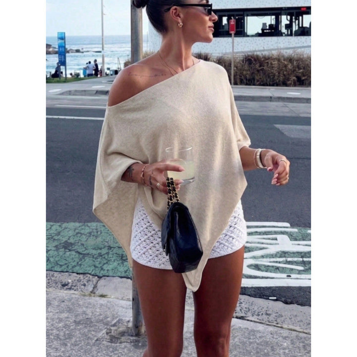 Damen Asymmetrisches Off-Shoulder Poncho-Top aus leichtem Strick Drune