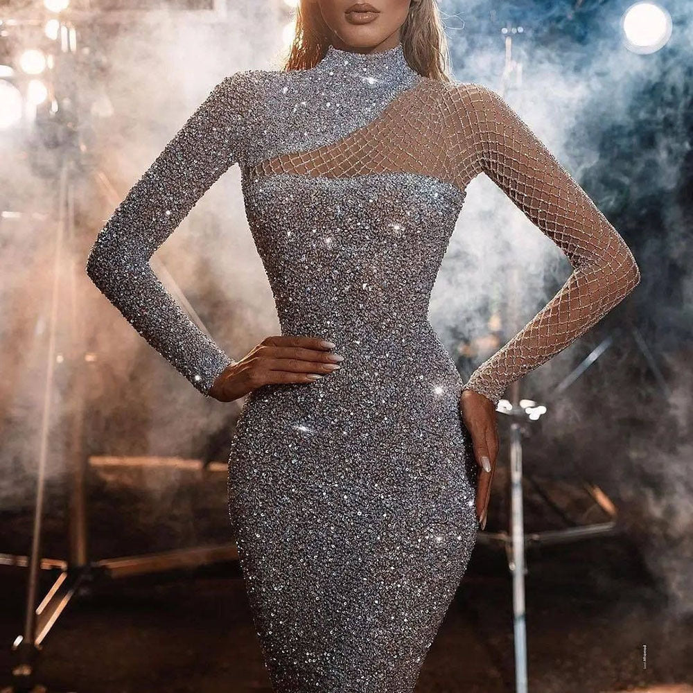 Damen Glitzerndes Abendkleid mit asymmetrischem Ausschnitt und langem Arm Drune