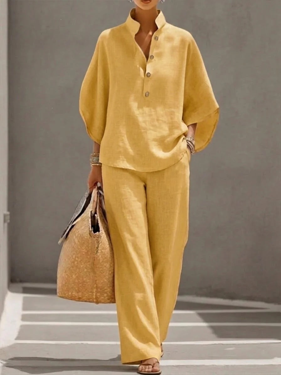 Damen Lockeres Leinenoptik-Zweiteiler mit Stehkragenbluse und weitem Palazzo-Hose Drune