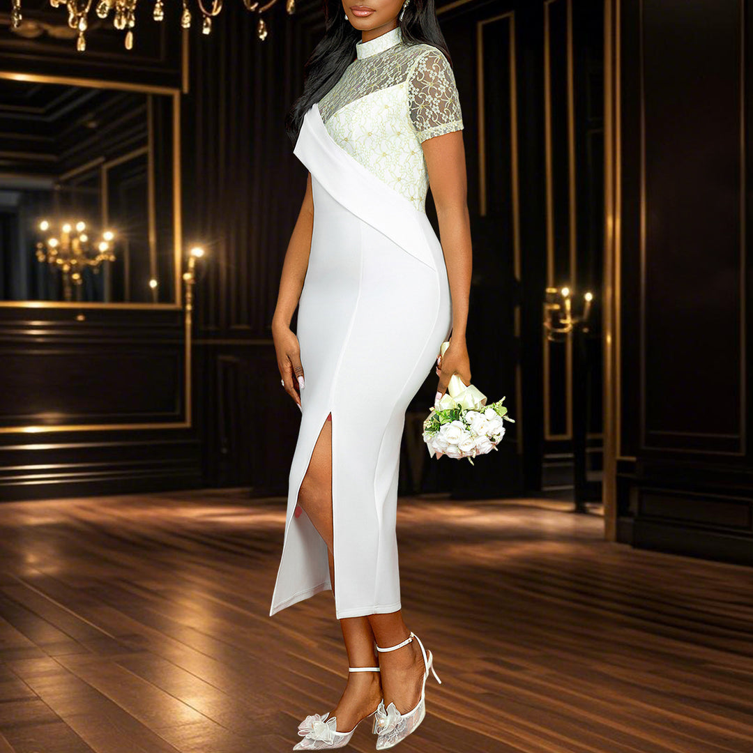 Damen Elegantes Hochzeitskleid mit transparentem Spitzenoberteil und asymmetrischem Design Drune