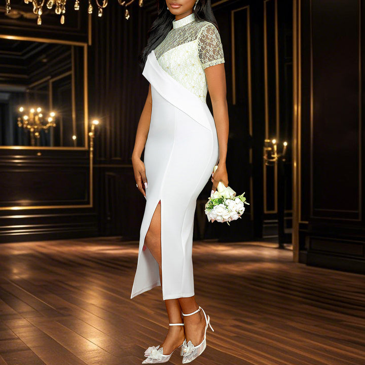 Damen Elegantes Hochzeitskleid mit transparentem Spitzenoberteil und asymmetrischem Design Drune