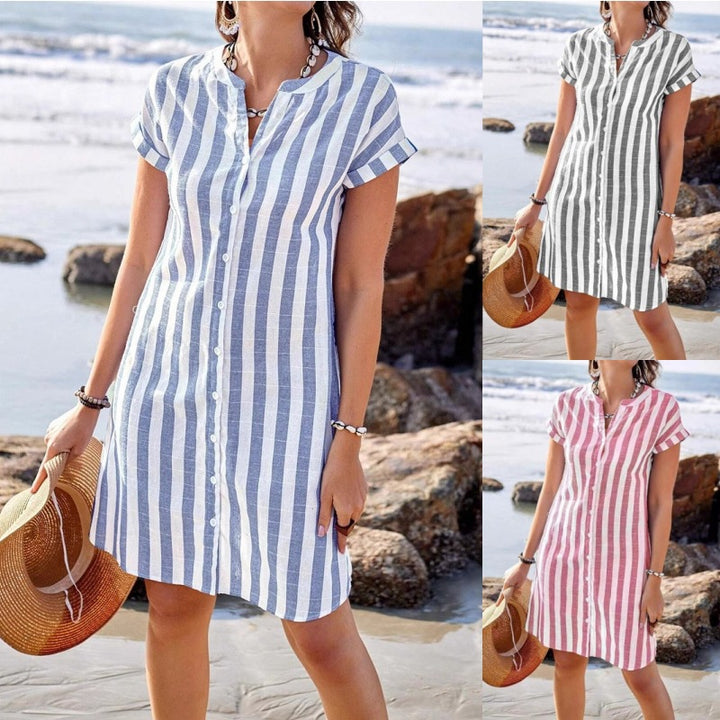 Damen Gestreiftes Hemdblusenkleid aus leichtem Leinenstoff Drune
