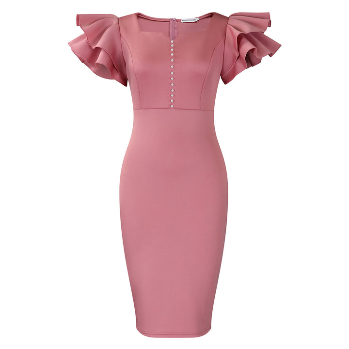 Damen figurbetontes Midi-Kleid mit voluminösen Rüschärmeln und Perlendetails Drune