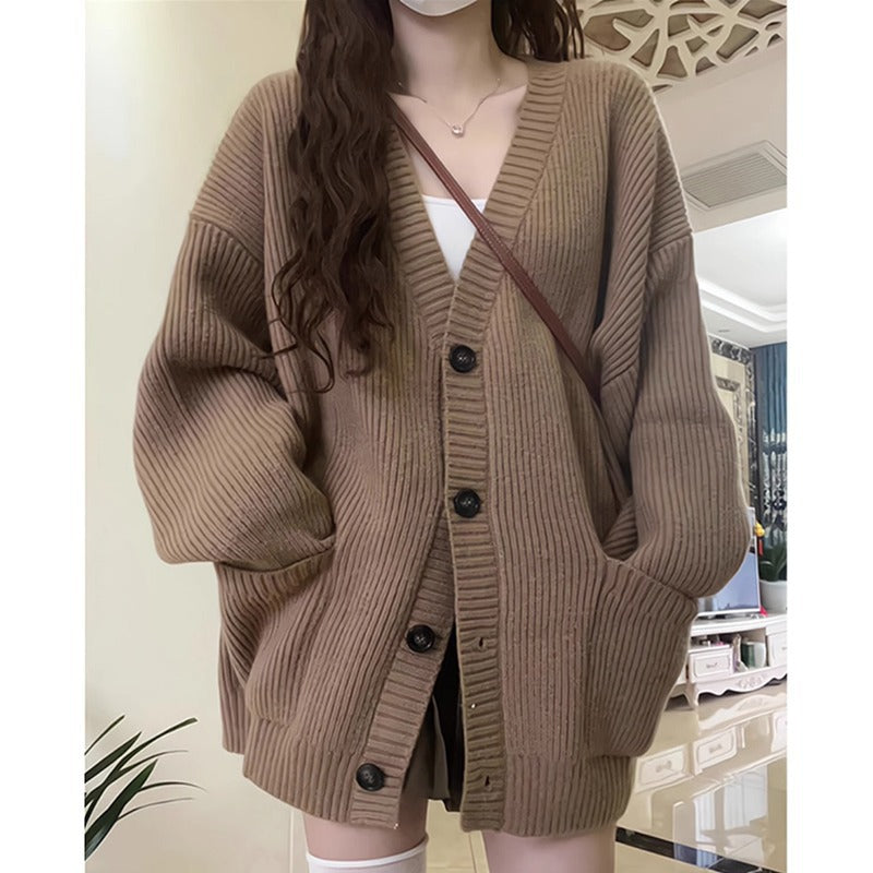 Damen Großer Strickcardigan mit tiefem V-Ausschnitt und praktischen Taschen Drune