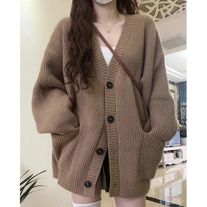 Damen Großer Strickcardigan mit tiefem V-Ausschnitt und praktischen Taschen Drune