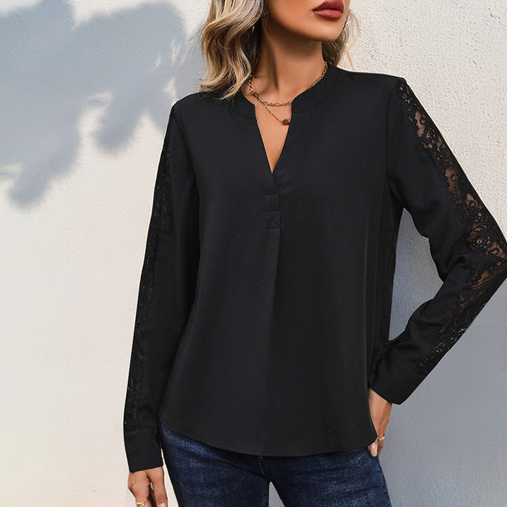 Damen Elegante Chiffonbluse mit Stehkragen, V-Ausschnitt und Spitzenbesatz an Ärmeln Drune