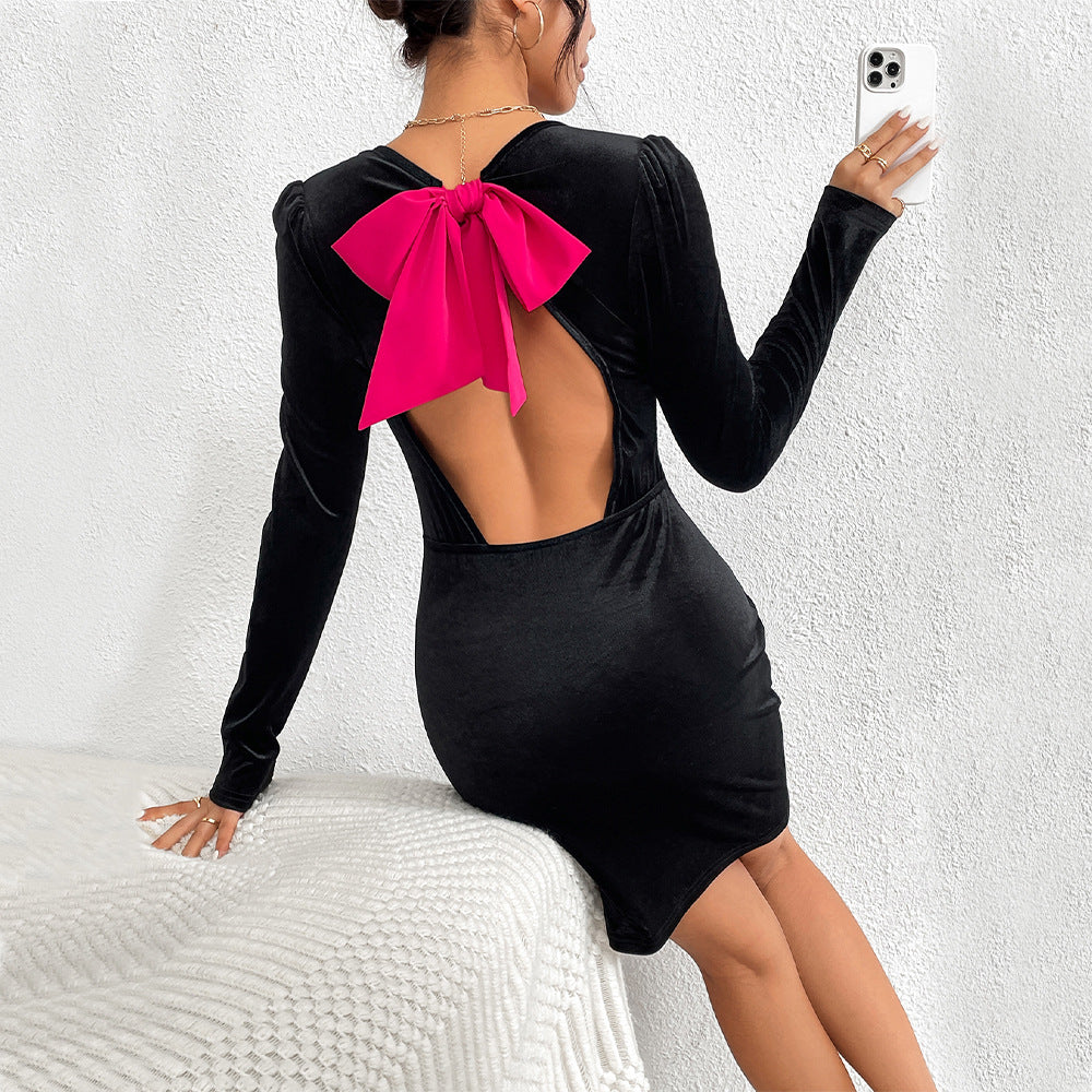 Damen figurbetontes Samt-Minikleid mit V-Ausschnitt langen Ärmeln und leicht gerafften Schultern Drune