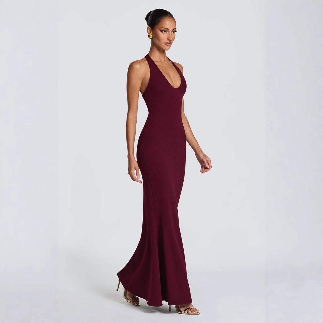 Damen Elegantes Bodenkleid mit tiefem V-Ausschnitt und figurbetontem Design Drune