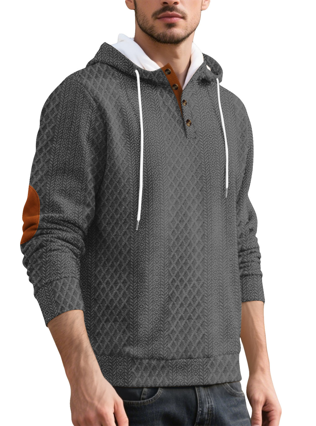 Herren nan Diamond-Struktur Kapuzenpullover mit Kurzknopfleiste, gesteppter Kapuzeninnenkante und Wildleder-Ellbogenpatch Drune