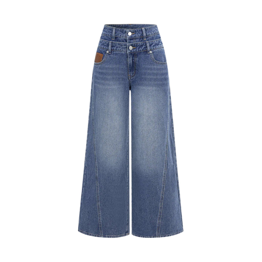 Damen nan hochgeschnittene Doppelbund-Jeansculotte mit weitem Cropped-Bein und sichtbaren Nahtpaneelen Drune