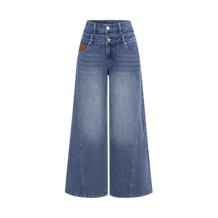Damen nan hochgeschnittene Doppelbund-Jeansculotte mit weitem Cropped-Bein und sichtbaren Nahtpaneelen Drune