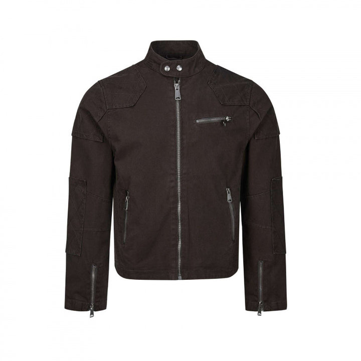 Herren Kurz geschnittene Biker‑inspirierte Baumwolljacke mit Stehkragen, Quilt‑Einsätzen und Reißverschlusstaschen Drune