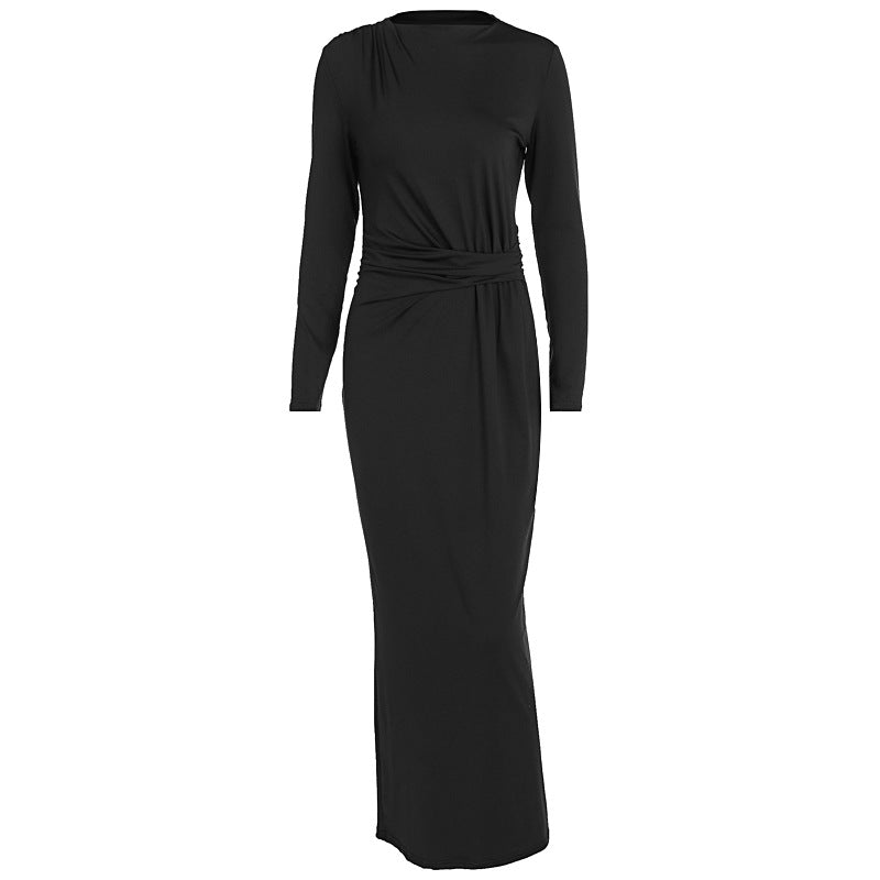Damen figurbetontes Maxikleid mit eleganten Drapierungen und langem Arm Drune