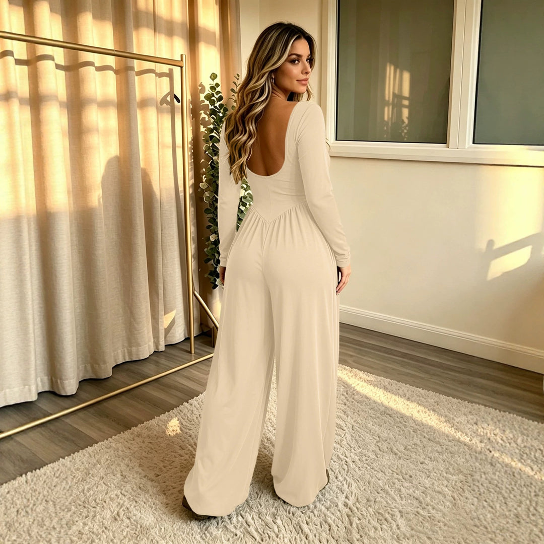 Damen Langer Jumpsuit mit weitem Bein, tiefem Rundhals und Eingrifftaschen Drune