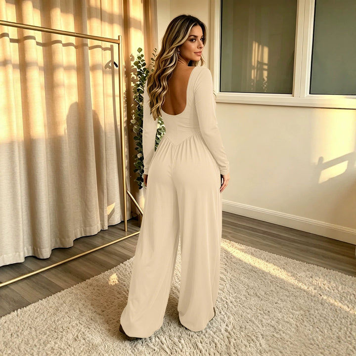 Damen Langer Jumpsuit mit weitem Bein, tiefem Rundhals und Eingrifftaschen Drune