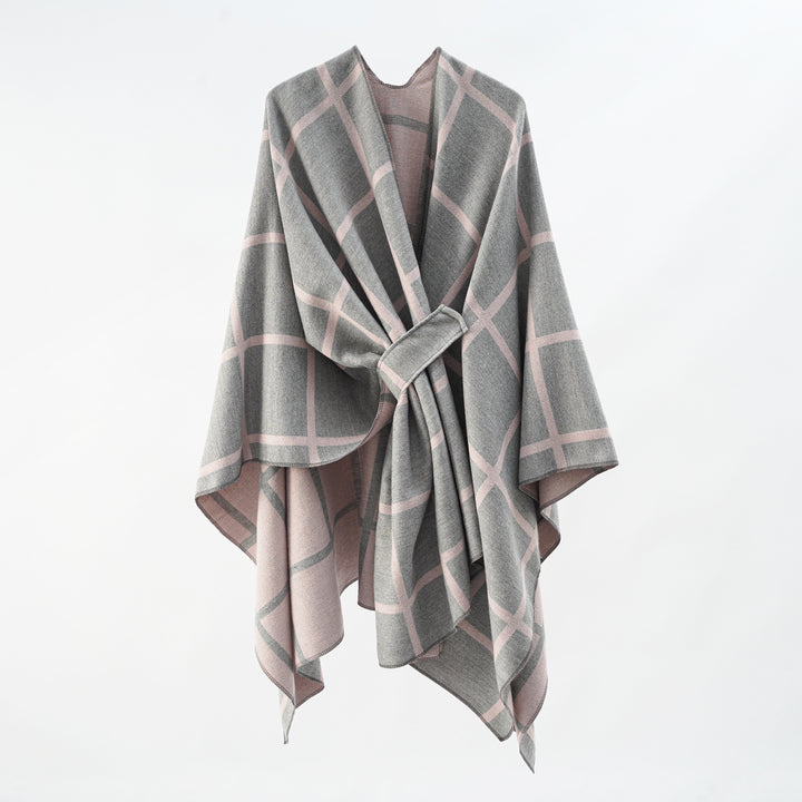 Damen Oversize Wollmix Poncho mit Gürtel und Karomuster Drune