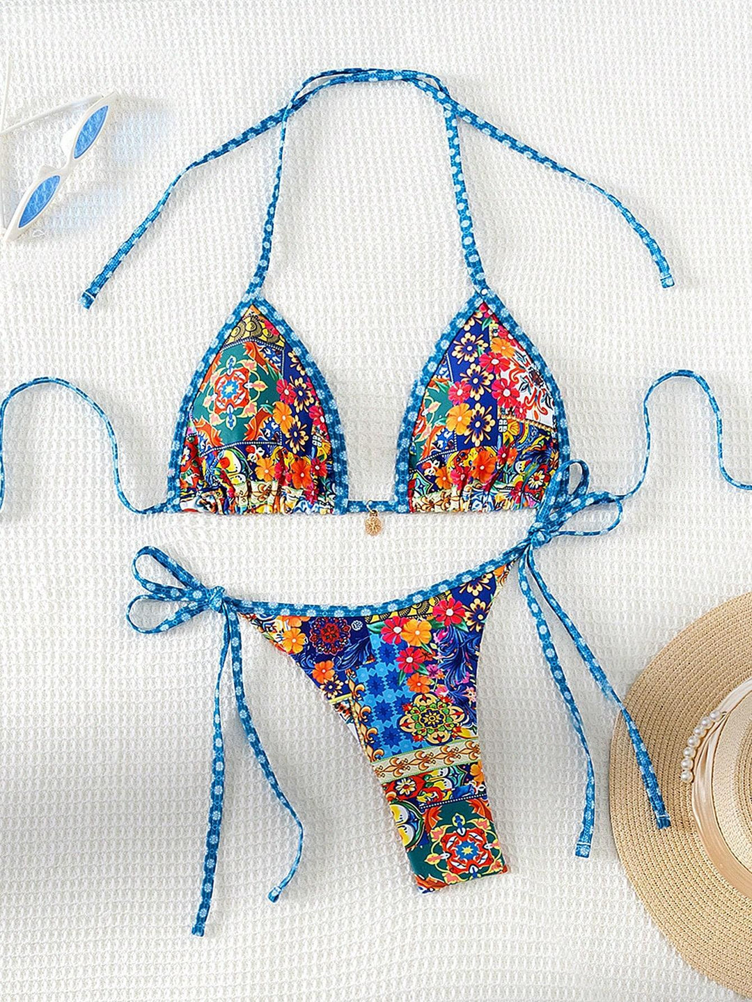 Damen Triangel-Bikini mit buntem floralen Mustermix und verstellbaren Trägern Drune
