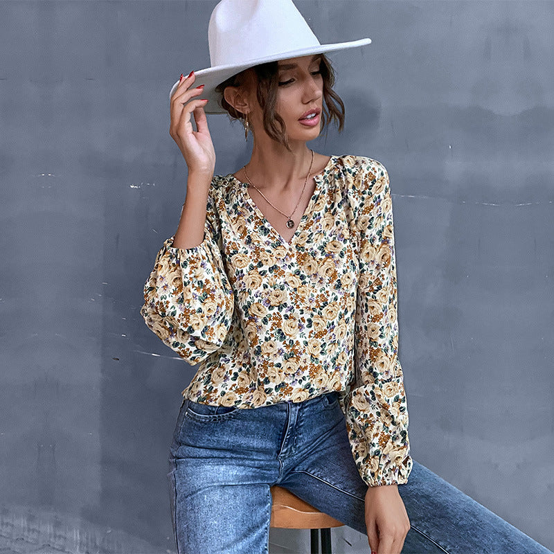 Damen Leichte V-Ausschnitt Blumenbluse mit Ballonärmeln Drune