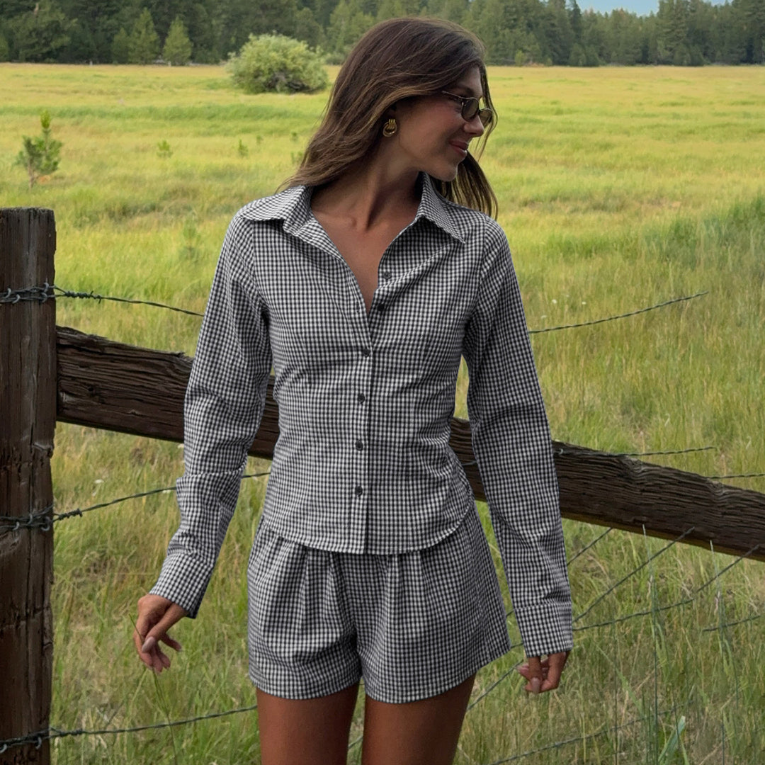 Damen nan zweiteiliges Vichy-Set aus taillierter Blusenjacke mit Wiener Nähten und Highwaist-Shorts Drune