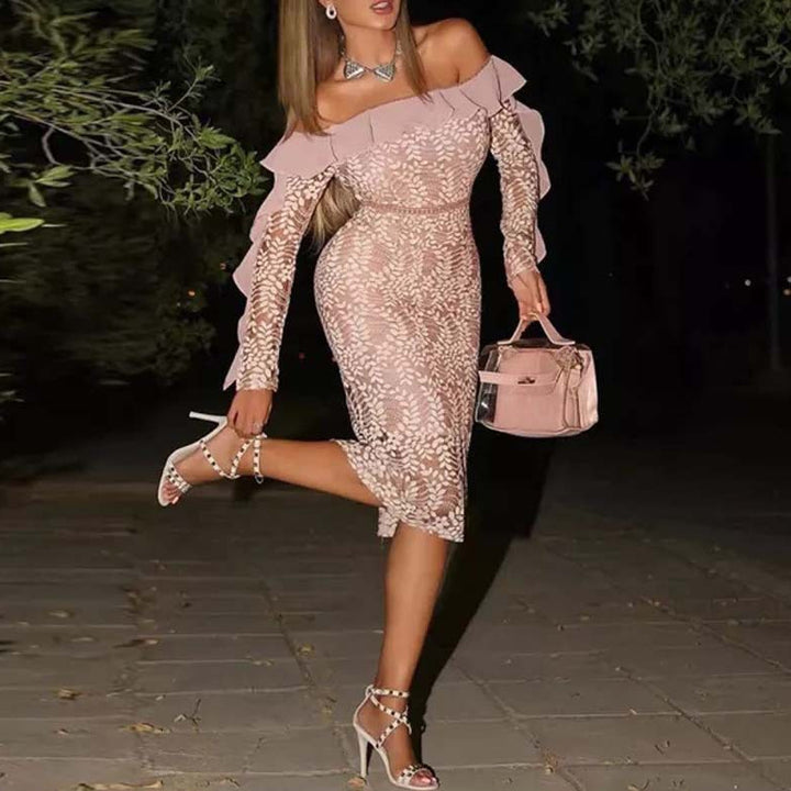 Damen Off-Shoulder Spitzenkleid mit voluminösen Rüschen und figurbetontem Schnitt Drune