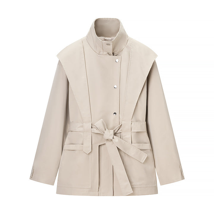 Damen Taillierte Übergangsjacke mit Stehkragen, Schultercape und Bindegürtel Drune