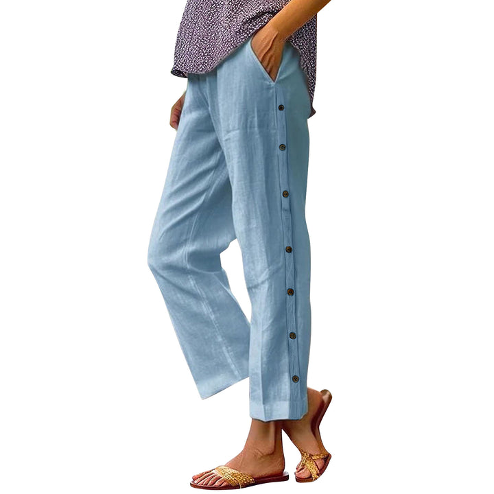 Damen Cropped Weitbeinige Knopf-Trim Leinen-Mischung Casual Hose Drune