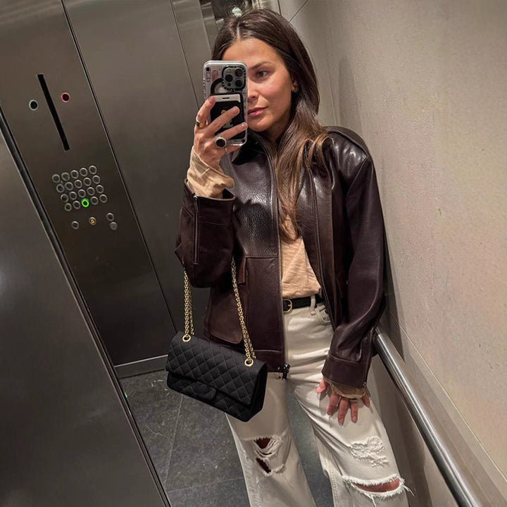 Damen stylische Lederjacke mit praktischen Taschen und modernem Schnitt Drune