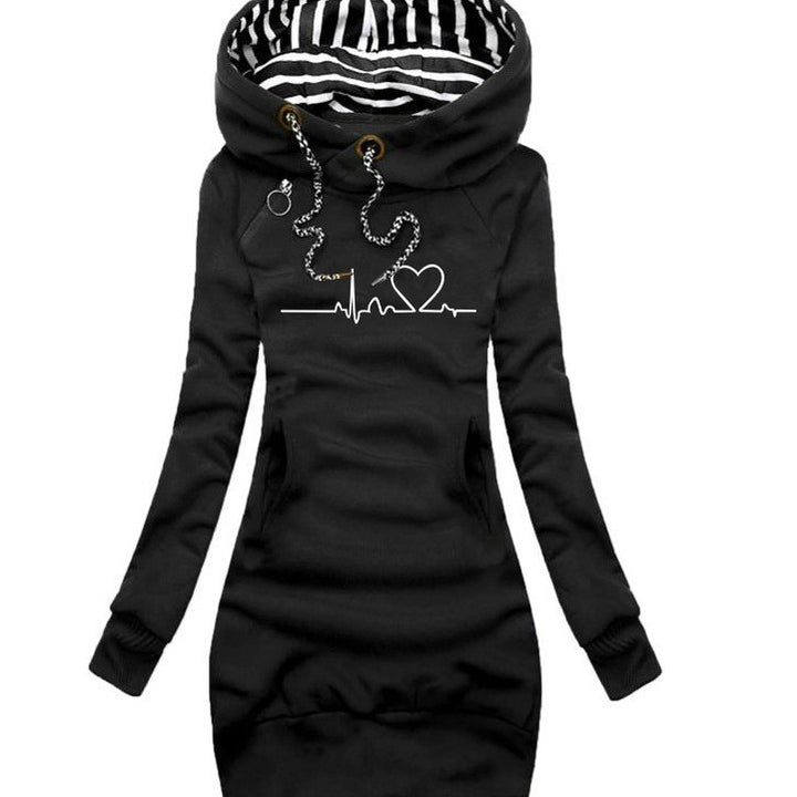 Damen Kapuzen-Sweatkleid mit gestreiftem Kapuzenfutter, Kängurutasche und Herz-EKG-Druck Drune