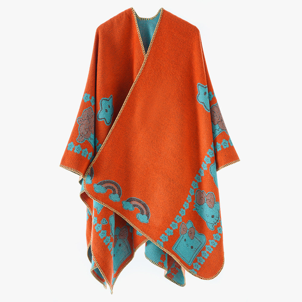 Damen Oversize-Poncho mit Jacquard‑Tiermotiv und asymmetrischem Zipfelsaum Drune