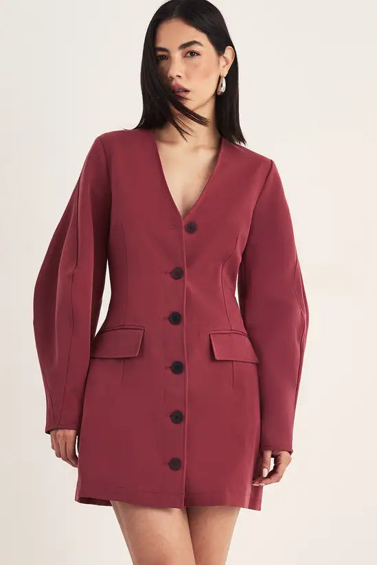 Damen Tailliertes Blazer-Minikleid mit Ballonärmeln und Pattentaschen Drune