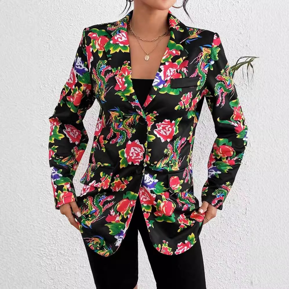Drune | Blazer Slim Passform Maßgeschneiderter Schnitt Blumenmuster Weicher Glänzender Stoff
