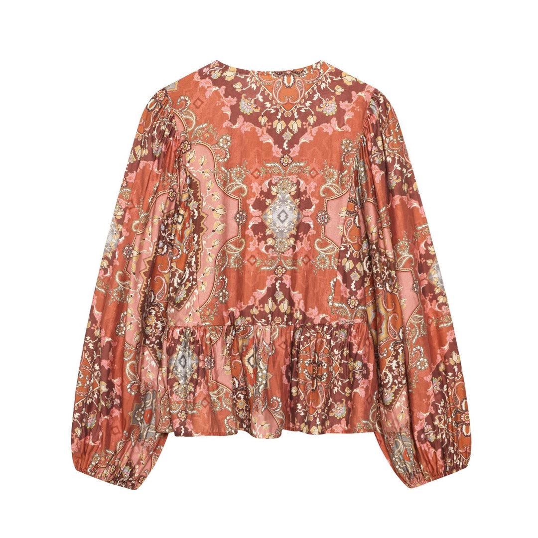 Damen nan Boho-Bluse mit Paisley-Print, Bindeband-Ausschnitt, geraffter Taille und voluminösen Ballonärmeln Drune