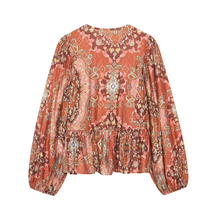 Damen nan Boho-Bluse mit Paisley-Print, Bindeband-Ausschnitt, geraffter Taille und voluminösen Ballonärmeln Drune