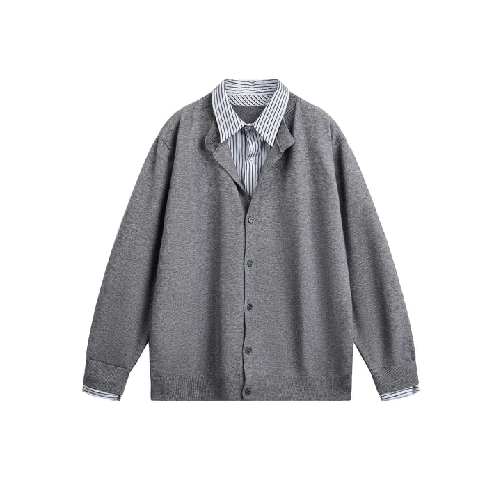 Unisex Lagenlook Strickcardigan mit eingearbeitetem Hemdkragen und Knopfleiste Drune