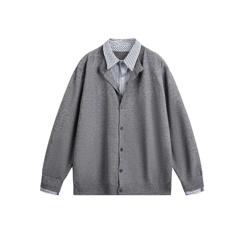 Unisex Lagenlook Strickcardigan mit eingearbeitetem Hemdkragen und Knopfleiste Drune