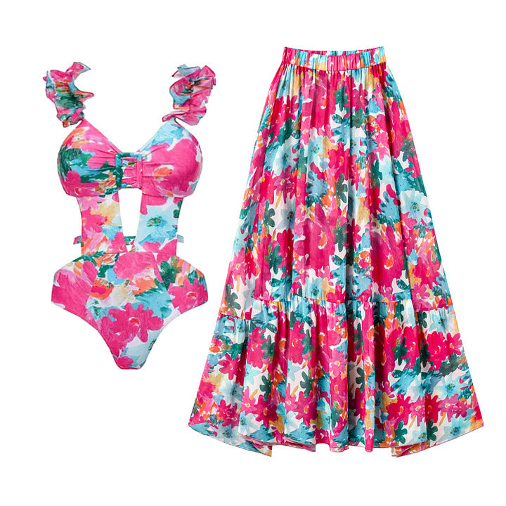 Damen Bikiniset mit voluminösen Rüschendetails und fließendem Maxi-Rock Drune
