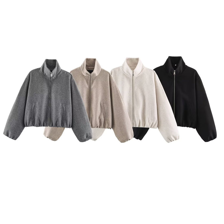 Damen Oversized Kurzblouson mit Stehkragen, Reißverschluss und elastischem Saum Drune