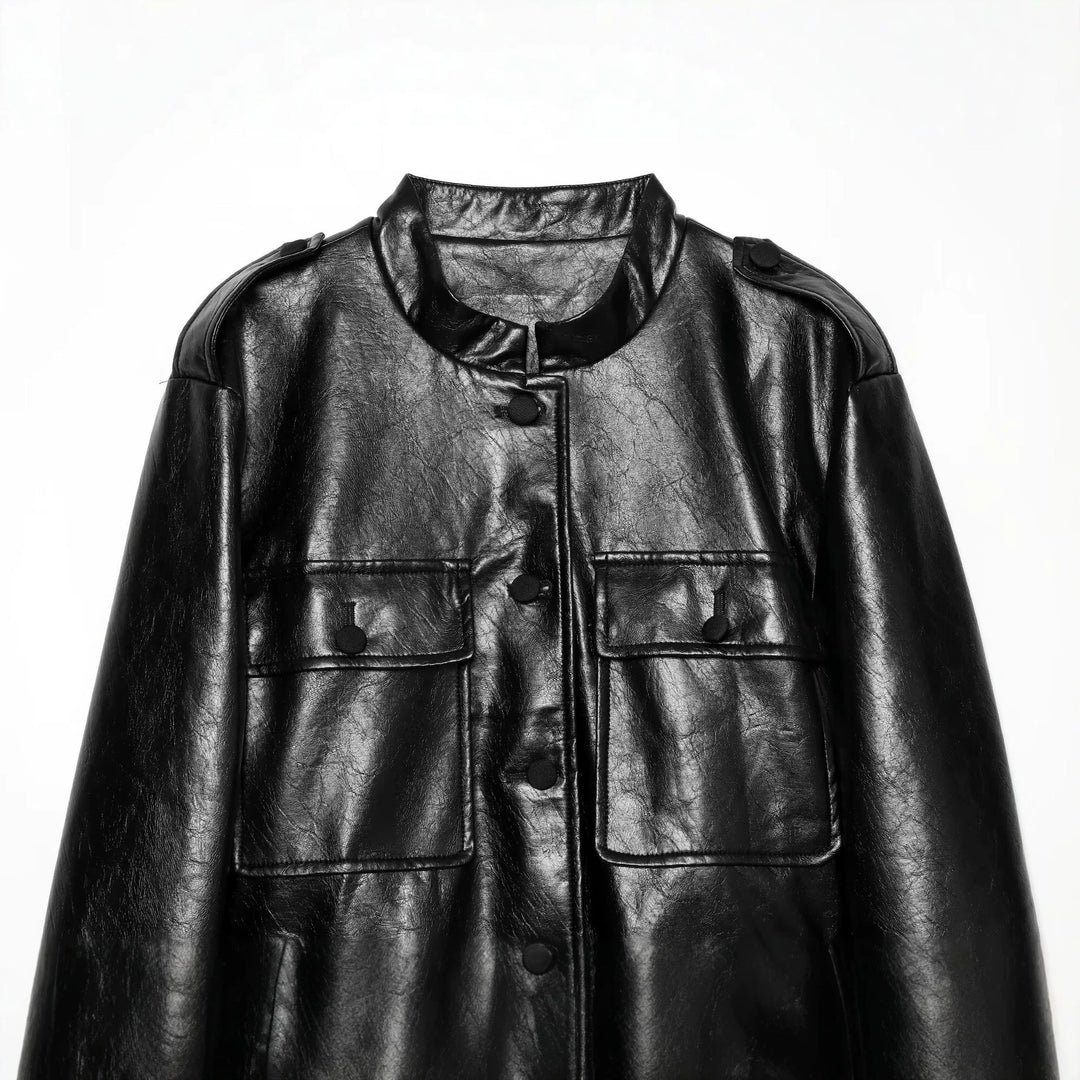 Damen Taillierter Kunstleder-Blouson mit Bindegürtel und Pattentaschen Drune