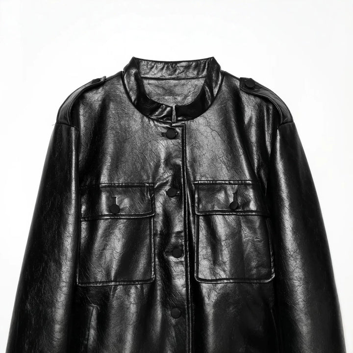 Damen Taillierter Kunstleder-Blouson mit Bindegürtel und Pattentaschen Drune