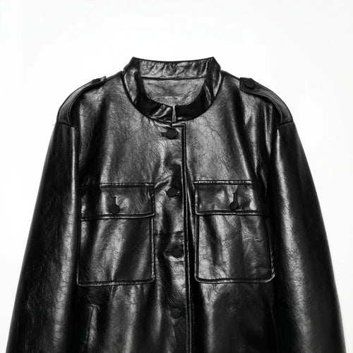 Damen Taillierter Kunstleder-Blouson mit Bindegürtel und Pattentaschen Drune