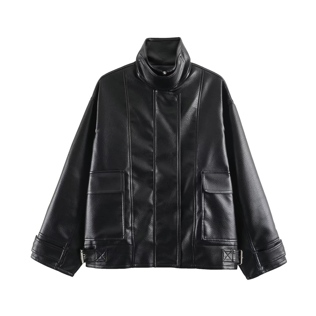 Damen Oversize Kunstlederjacke mit hohem Stehkragen, aufgesetzten Taschen und verstellbaren Schnallen Drune