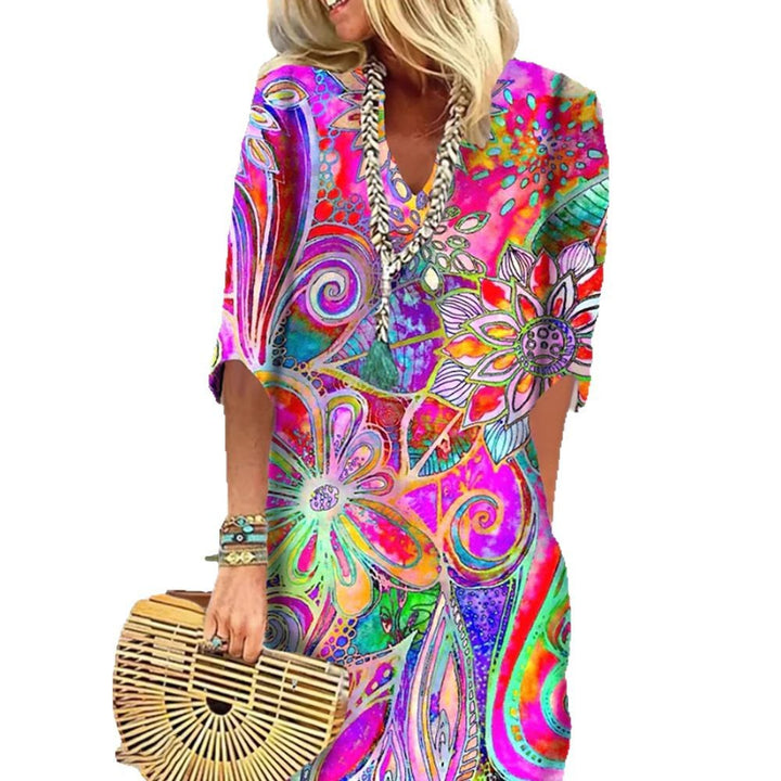 Damen nan leichtes Boho-Kaftankleid mit V-Ausschnitt, lockerer Silhouette und dreiviertelärmeln Drune