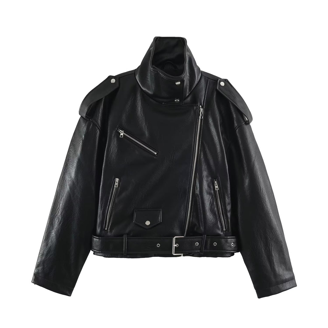 Herren Biker-Lederjacke mit hohem Stehkragen, Schulterklappen und Taillengürtel Drune