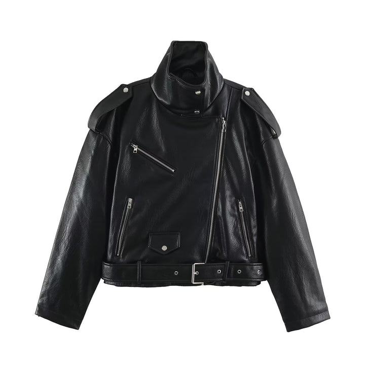 Herren Biker-Lederjacke mit hohem Stehkragen, Schulterklappen und Taillengürtel Drune