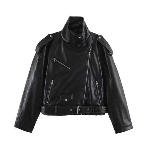 Herren Biker-Lederjacke mit hohem Stehkragen, Schulterklappen und Taillengürtel Drune