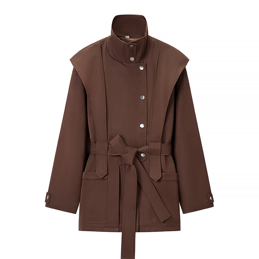 Damen Taillierte Übergangsjacke mit Stehkragen, Schultercape und Bindegürtel Drune