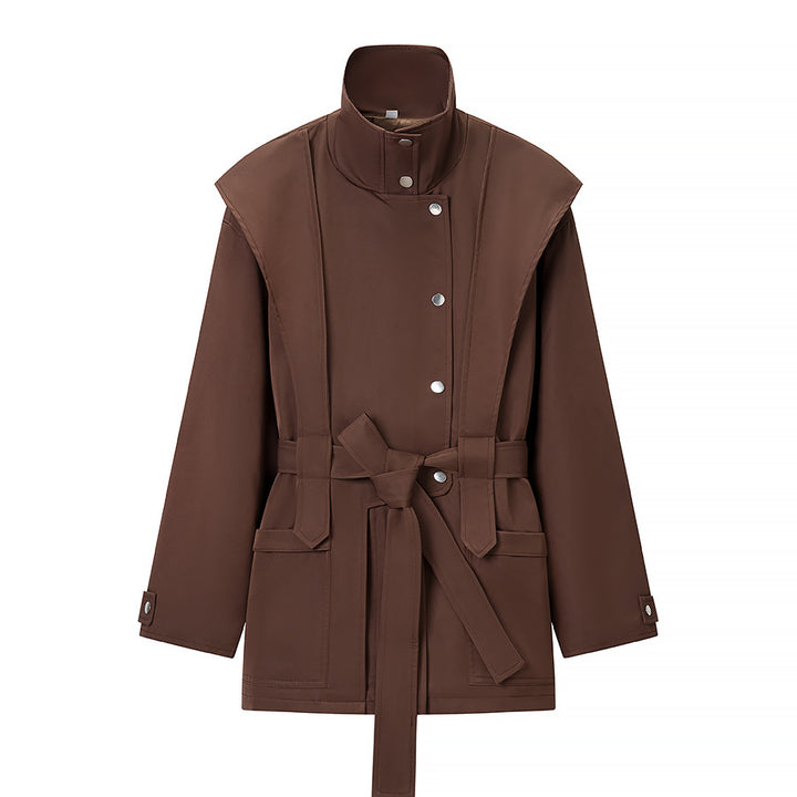 Damen Taillierte Übergangsjacke mit Stehkragen, Schultercape und Bindegürtel Drune
